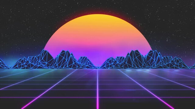 Stylized vintage 3D animation background with mountains, sun and glowing stars. 80s retro futuristic sci-fi seamless loop.