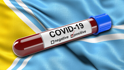 Obraz premium Flag of the Tuva Republic waving in the wind with a positive Covid-19 blood test tube. 3D illustration concept for blood testing for diagnosis of the new Corona virus.