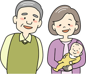 赤ちゃんに微笑むおじいさんとおばあさん