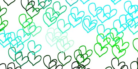 Light Blue, Green vector background with Shining hearts.