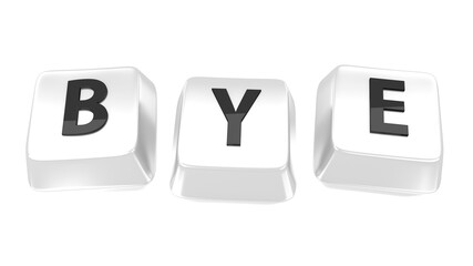 BYE written in black on white computer keys. 3d illustration. Isolated background.