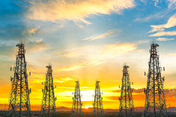 telecommunication tower at sunset sky background