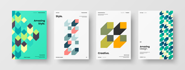 Fototapeta premium Company identity brochure template collection. Business presentation vector A4 vertical orientation front page mock up set. Corporate report cover abstract geometric illustration design layout bundle.