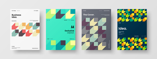 Fototapeta premium Company identity brochure template collection. Business presentation vector A4 vertical orientation front page mock up set. Corporate report cover abstract geometric illustration design layout bundle.