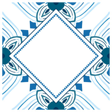 Geometric  tiles square vector  frame template. Vintage border pattern. Antique ceramic decor design.  Mediterranean blue decor. Portuguese or spanish retro old mosaic tiles.