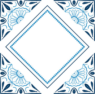 Geometric  tiles square vector  frame template. Vintage border pattern. Antique ceramic decor design.  Mediterranean blue decor. Portuguese or spanish retro old mosaic tiles.