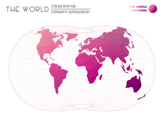 Triangular mesh of the world. Laskowski tri-optimal projection of the world. Red Purple colored polygons. Awesome vector illustration.
