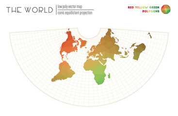 Polygonal world map. Conic equidistant projection of the world. Red Yellow Green colored polygons. Creative vector illustration.