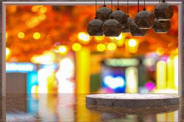 3D Rendering,Empty marble table for display of products in front of restaurant , night bar or night club abstract blur background,empty copy space for party, promotion social media banners, posters