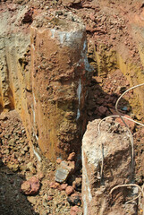 JOHOR, MALAYSIA -MARCH 28, 2016: Excavated and cut to level bore pile at the construction site. Ready to construct a pile cap reinforcement bar as the next step of work. 