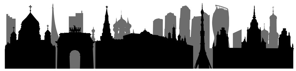 Silhouette of Moscow in Russia, panorama of urban landmarks. Vector illustration