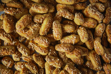 close up photo of Kaastangels,  cookies made from a mixture of flour, eggs, margarine, and grated cheese. This is Indonesian Speciality Cookies For Eid al-Fitr called kue lebaran