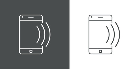 Símbolo conexión inalámbrica. Icono plano lineal con teléfono inteligente con ondas en fondo gris y fondo blanco © teracreonte