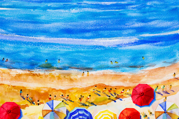Painting watercolor vector seascape top view colorful of people.