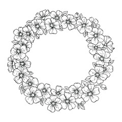 hand drawn floral wreath, black and white vector frame made of flowers
