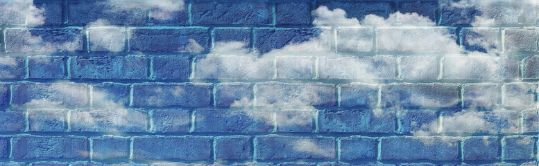 Blue sky brick wall banner - wide brickwork background beautifully painted with blue sky and fluffy...