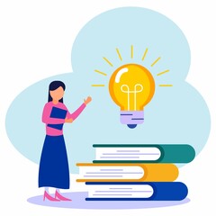 Educational vector illustration. undergoing education. the graphic element in this book is a girl standing next to a stack of books. Stylish flat design for posters, leaflets, cards, web banners.