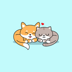 Cute Cat and Dog illustration, Shiba inu sleeping with cute cat