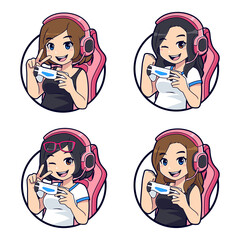 Cute gamer character mascot logo, Gamer girl esport logo set - obrazy, fototapety, plakaty