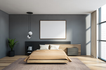Fototapeta na wymiar Grey master bedroom with horizontal poster