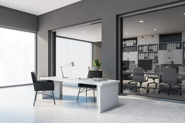Grey CEO and open space offices corner