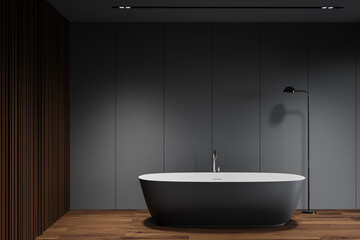 Fototapeta na wymiar Grey and wooden bathroom interior with tub