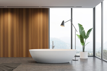 Panoramic wooden bathroom interior with tub