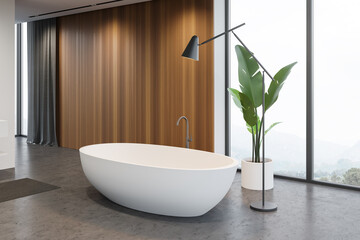 Panoramic wooden bathroom with tub