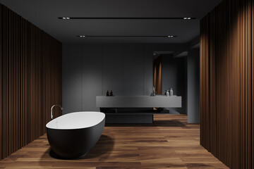 Grey and wood Scandinavian bathroom interior