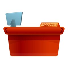 Hotel reception desk icon. Cartoon of hotel reception desk vector icon for web design isolated on white background