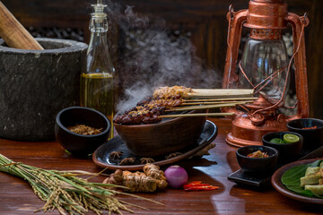 Delicious grilled meat steaming on grill pan. Food smoke