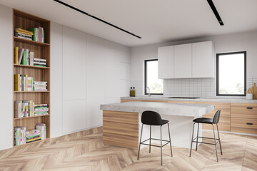White kitchen corner with bar and bookshelves