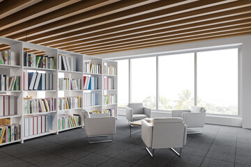 Panoramic white waiting room corner with bookcase