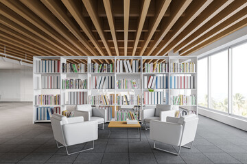 White office waiting room interior with bookcase