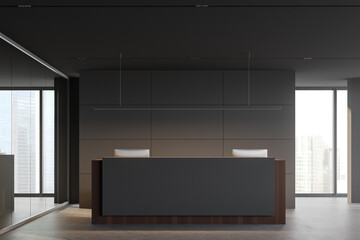 Grey and wooden reception desk in office interior