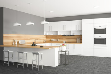 White and gray kitchen corner with bar