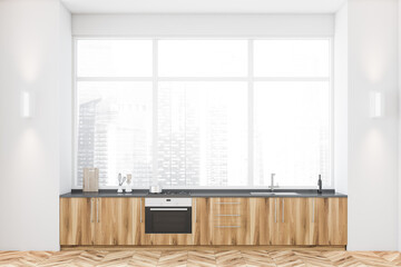 Panoramic white kitchen with wooden countertops
