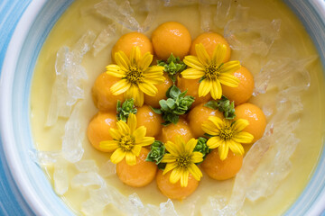 Coconut mango rice pudding. Sticky rice mango asian dessert