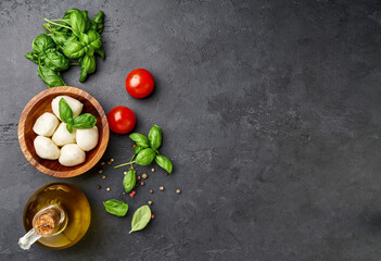 Ingredients for caprese salad. Red tomatoes, olive oil, fresh herb basil leaves and mozzarella balls over black stone table.