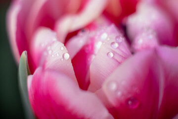 Close-up macro fresh spring bouquet of tulips with transparent dew water drops on petals. Soft focus on dew rain tear droplets.