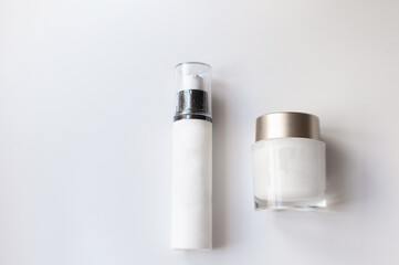 Cosmetic mock up bottles on white background. Branding identity mockup concept. Cosmetic products. A set of cosmetics on a white background. 