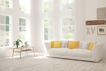 White living room with sofa and summer landscape in window. Scandinavian interior design. 3D illustration