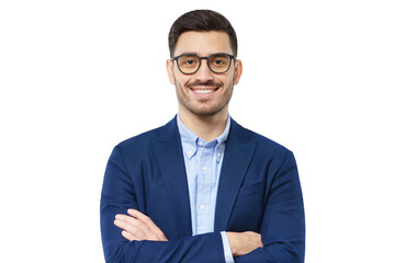 Closeup of business guy wearing glasses, dressed in jacket and shirt, looking at camera with confidence, feeling relaxed and positive, isolated on white background