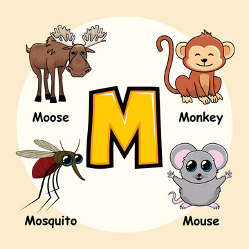 Cute Animals Alphabet Letter M for Monkey Mouse Mosquito Moose