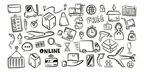 Logistic shipping freight service supply hand drawn doodle icons set isolated vector illustration on white background © yura batiushyn