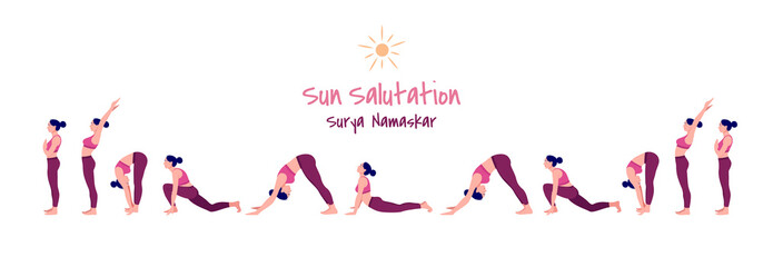 Vector illustration set of yoga exercise Sun Salutation / Surya Namaskar. slim women in different yoga positions, Woman yoga workout fitness, Vector illustration set.