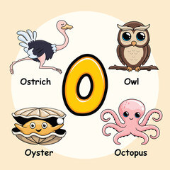 Cute Animals Alphabet Letter O for Owl Octopus Ostrich  Oyster