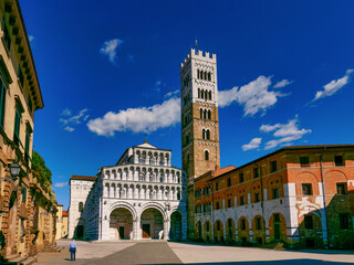 Facade and bell tower of the Cathedral of Lucca Tuscany Italy