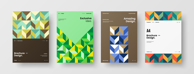 Company identity brochure template collection. Business presentation vector A4 vertical orientation front page mock up set. Corporate report cover abstract geometric illustration design layout bundle.