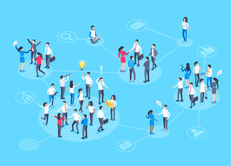 isometric vector image on a blue background, people in business suits are grouped into different groups in contact with each other, social groups